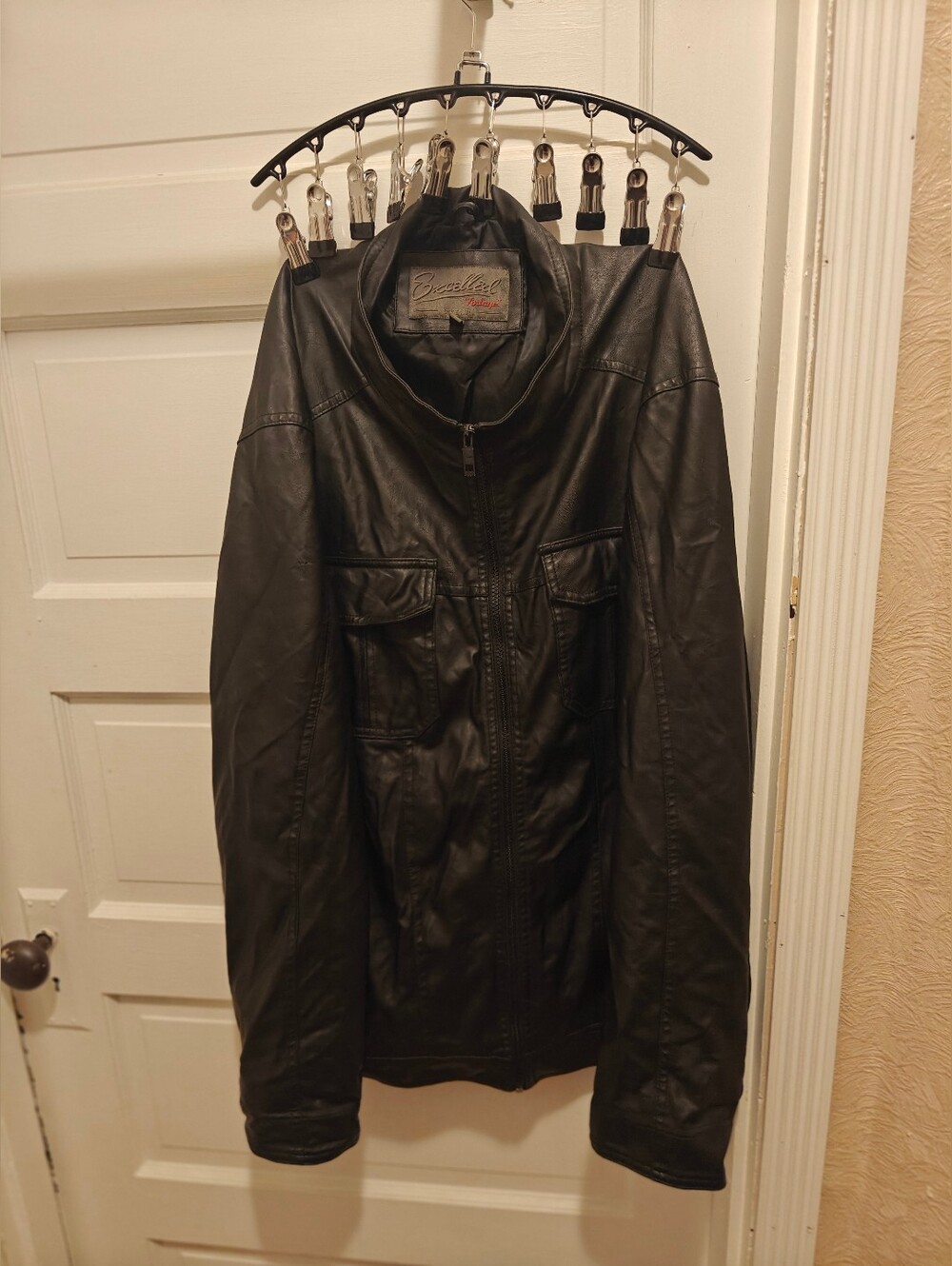 Excelled Vintage Men's Black Leather Zip up Jacket 2XL Stand-Up Collar Pockets